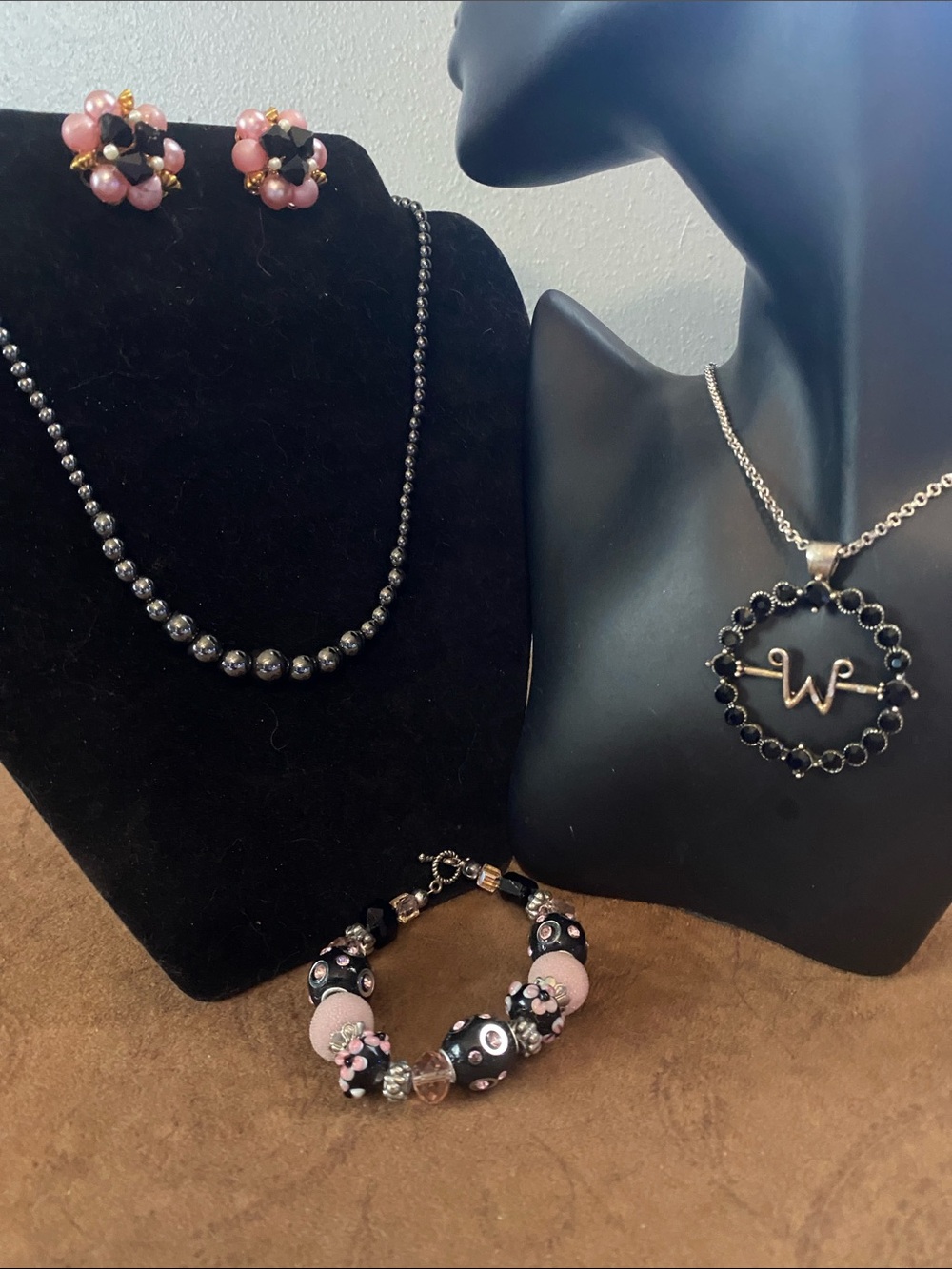 Wednesday Adam’s W Pendant & Hematite Beaded Necklaces, Pink & Black Bracelet